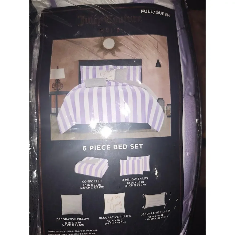 Juicy Couture Cabana Stripe Reversible Bedding Set - Queen/Full Size - Lavender